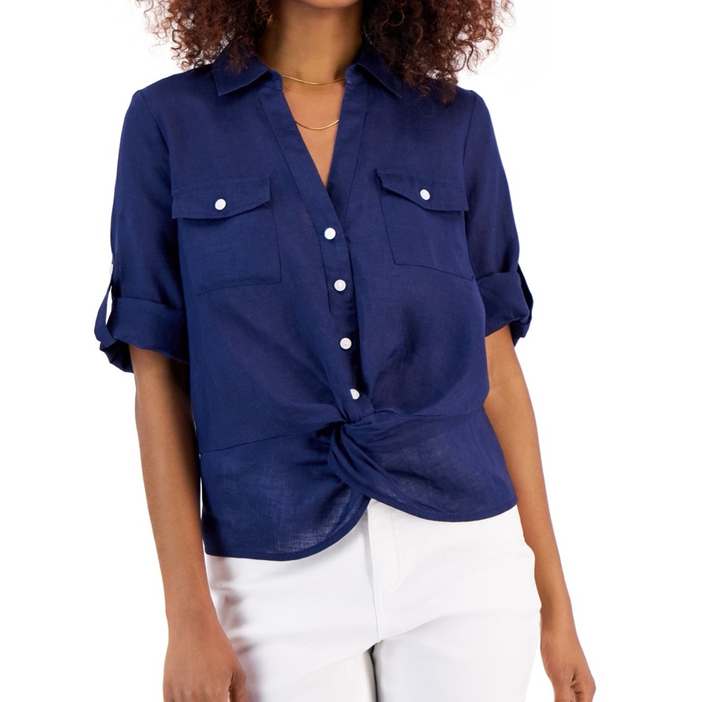 NWOT INC Women's Linen Navy Blue Nautical Twist-Hem Blouse, Indigo Sea Color M